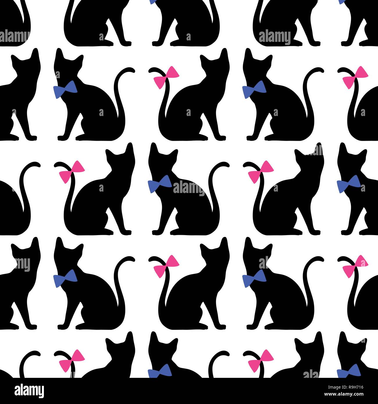 Modello senza cuciture con gatto nero silhouette. Sfondo vettoriale Illustrazione Vettoriale
