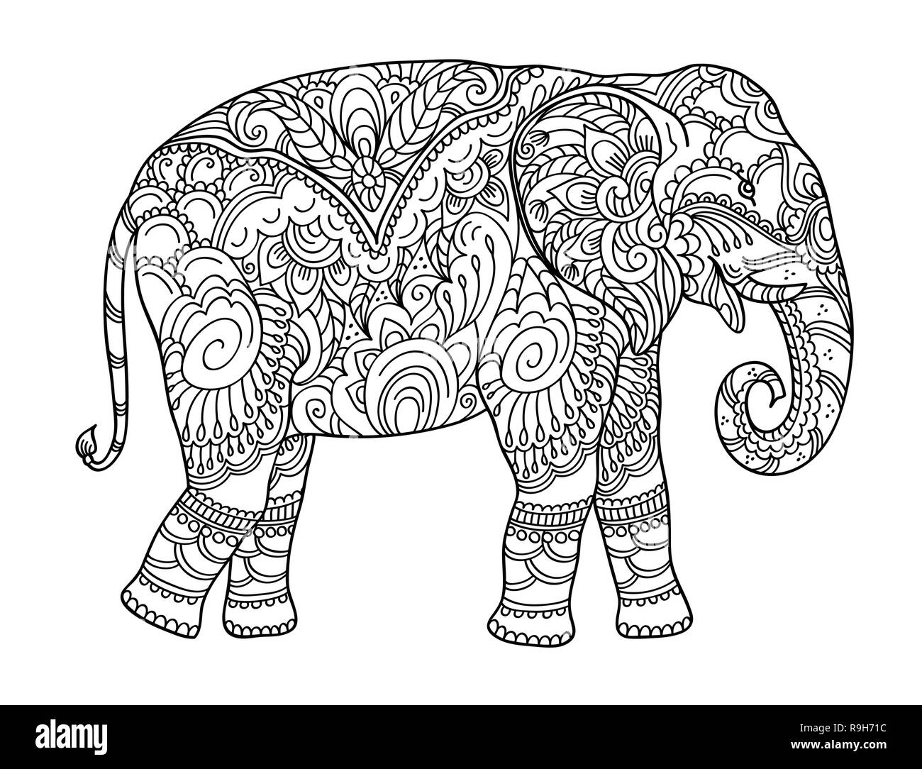 Disegno zentangle elefante, per libro da colorare per adulti o altre decorazioni. Versione in bianco e nero illustrazione Illustrazione Vettoriale