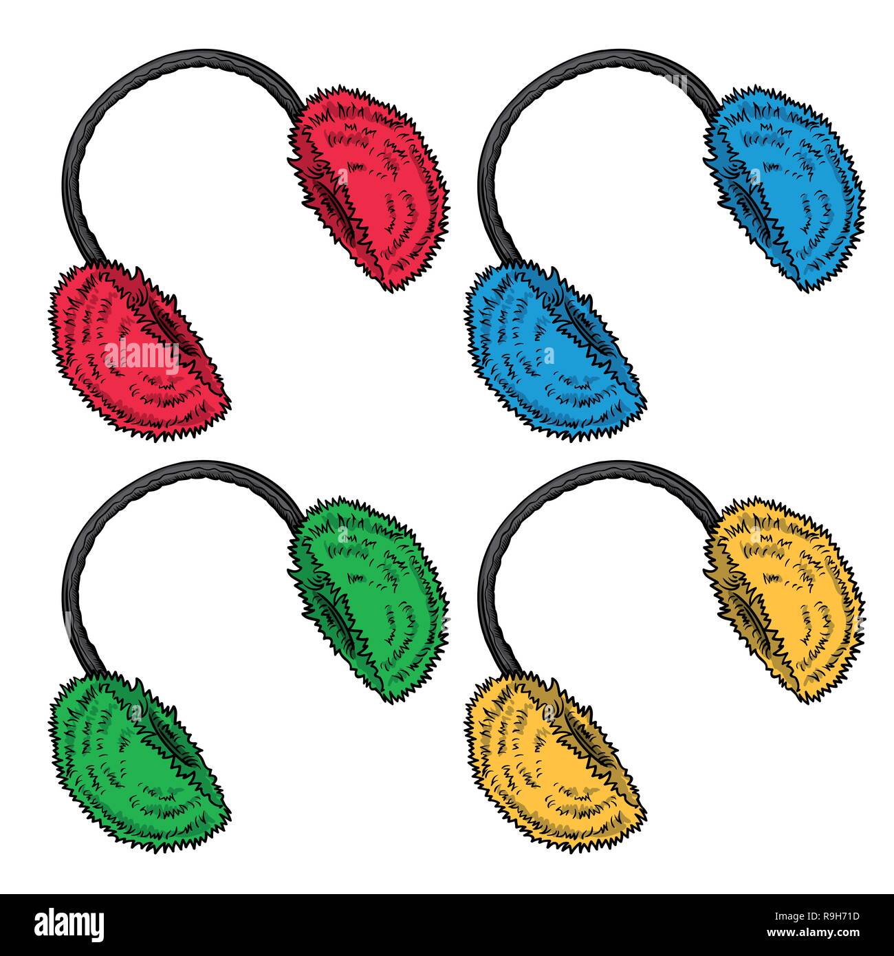 Abbigliamento invernale. Cuffie. Impostare luminose soffici in pelliccia orecchio scaldabiberon, accessorio. Icona del vettore Illustrazione Vettoriale