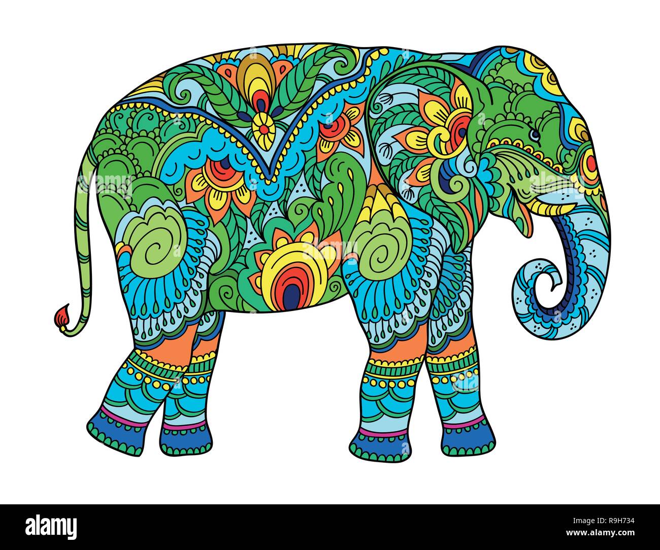 Disegno elefante stilizzato. Disegno a mano libera per adulti anti stress libro da colorare per adultpage con doodle e elementi zentangle Illustrazione Vettoriale