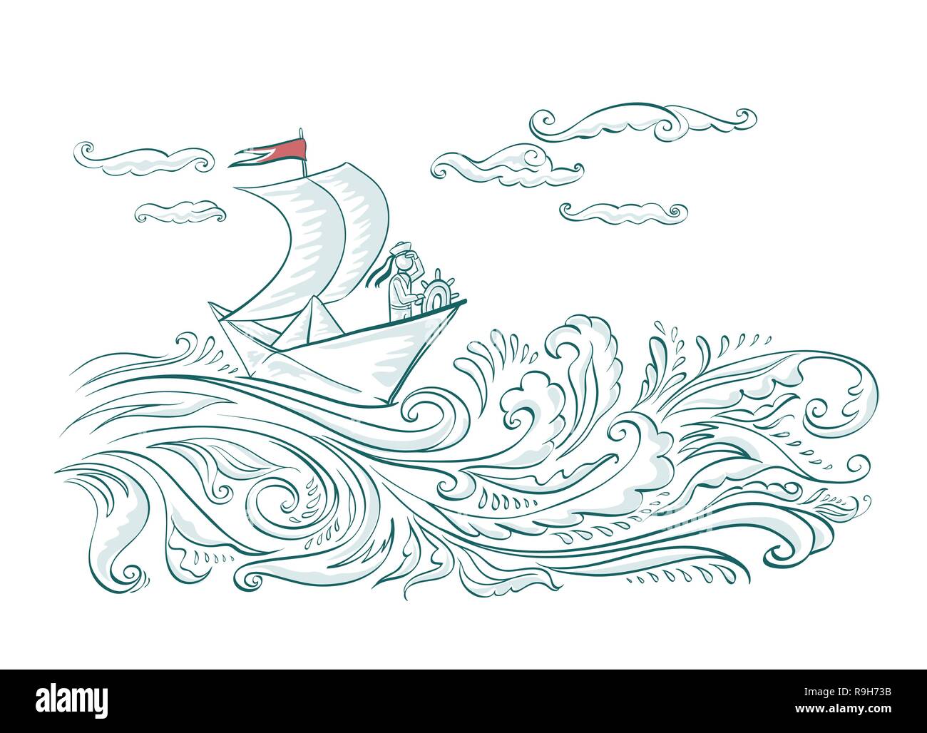 Carta Origami barca sulle onde del mare con un marinaio Illustrazione Vettoriale