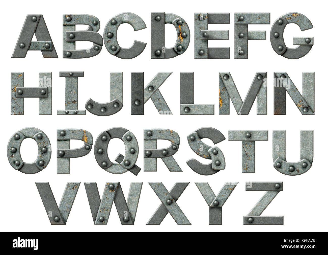Alfabeto - lettere di metallo arrugginito con rivetti. Isolato su bianco  Foto stock - Alamy