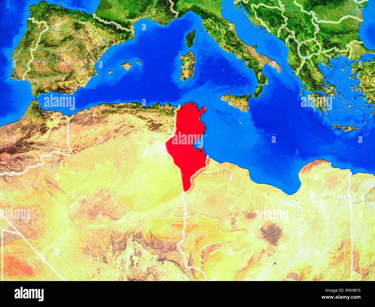 Tunisia da spazio sul modello del pianeta Terra con i confini e molto dettagliata della superficie pianeta. 3D'illustrazione. Gli elementi di questa immagine arredato b Foto Stock