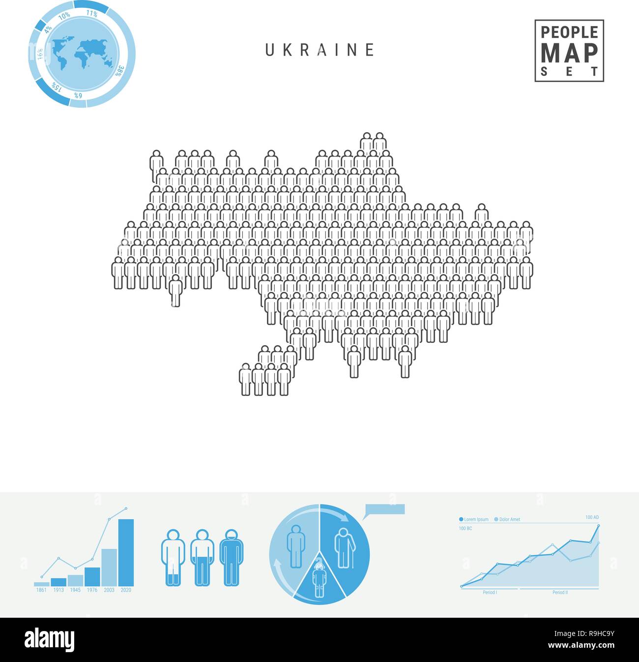 Ucraina icona Persone Mappa. Le persone si affollano nella forma di una mappa di Ucraina. Silhouette stilizzata dell'Ucraina. Tasso di crescita e di invecchiamento della popolazione ed infografico Elemen Illustrazione Vettoriale