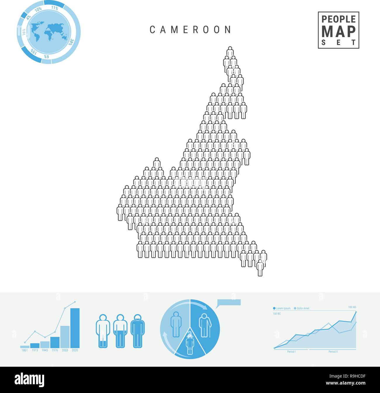 Popolo del Camerun Mappa Icona. Le persone si affollano nella forma di una mappa del Camerun. Silhouette stilizzata del Camerun. Tasso di crescita e di invecchiamento della popolazione ed infografico Ele Illustrazione Vettoriale