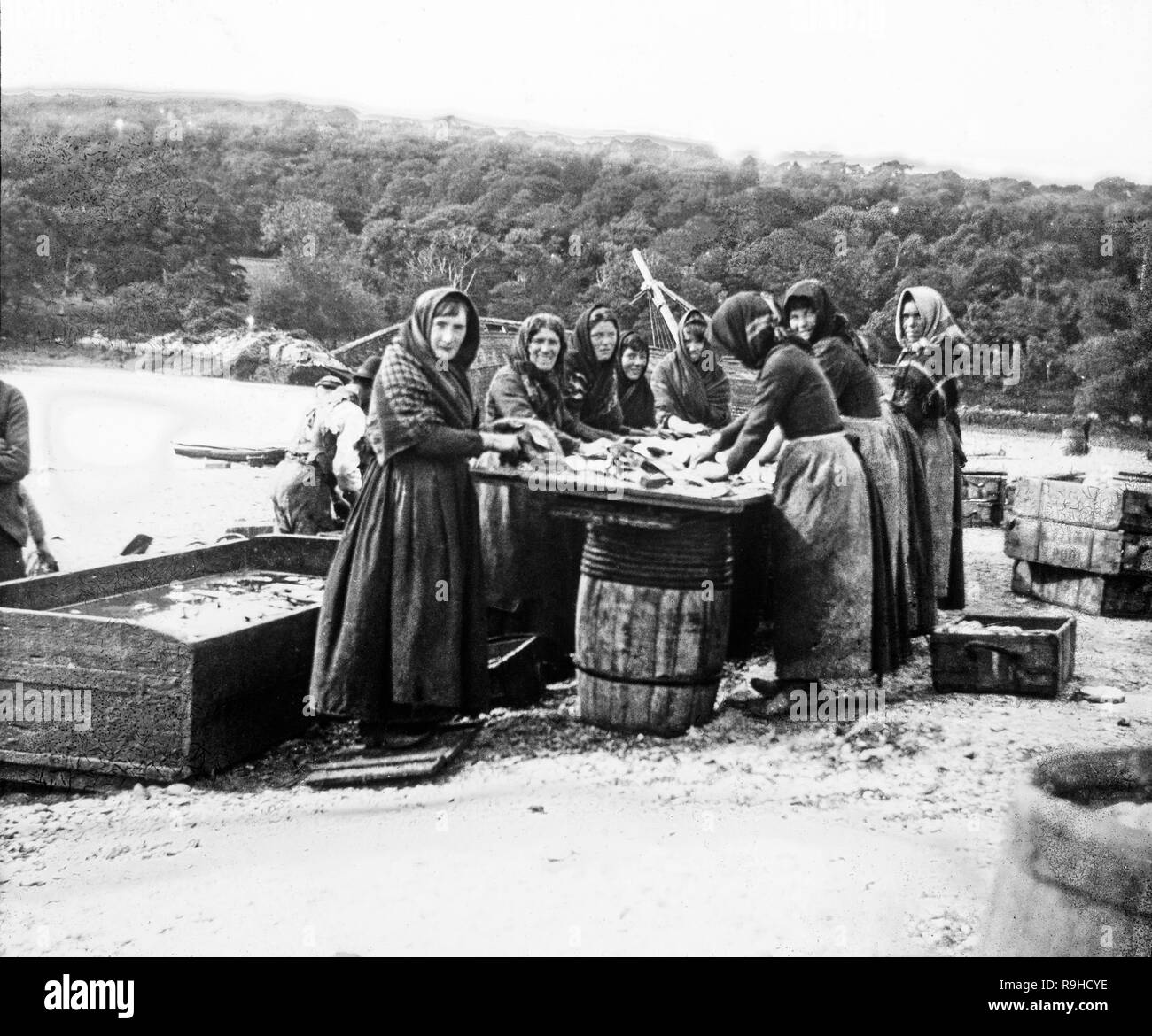 Vintage in bianco e nero fotografia scattata nel 1893 che mostra un gruppo di fishwives; donne che preparano e filetto di pesce pescato dai pescatori locali. Fotografia scattata in Inghilterra. Foto Stock