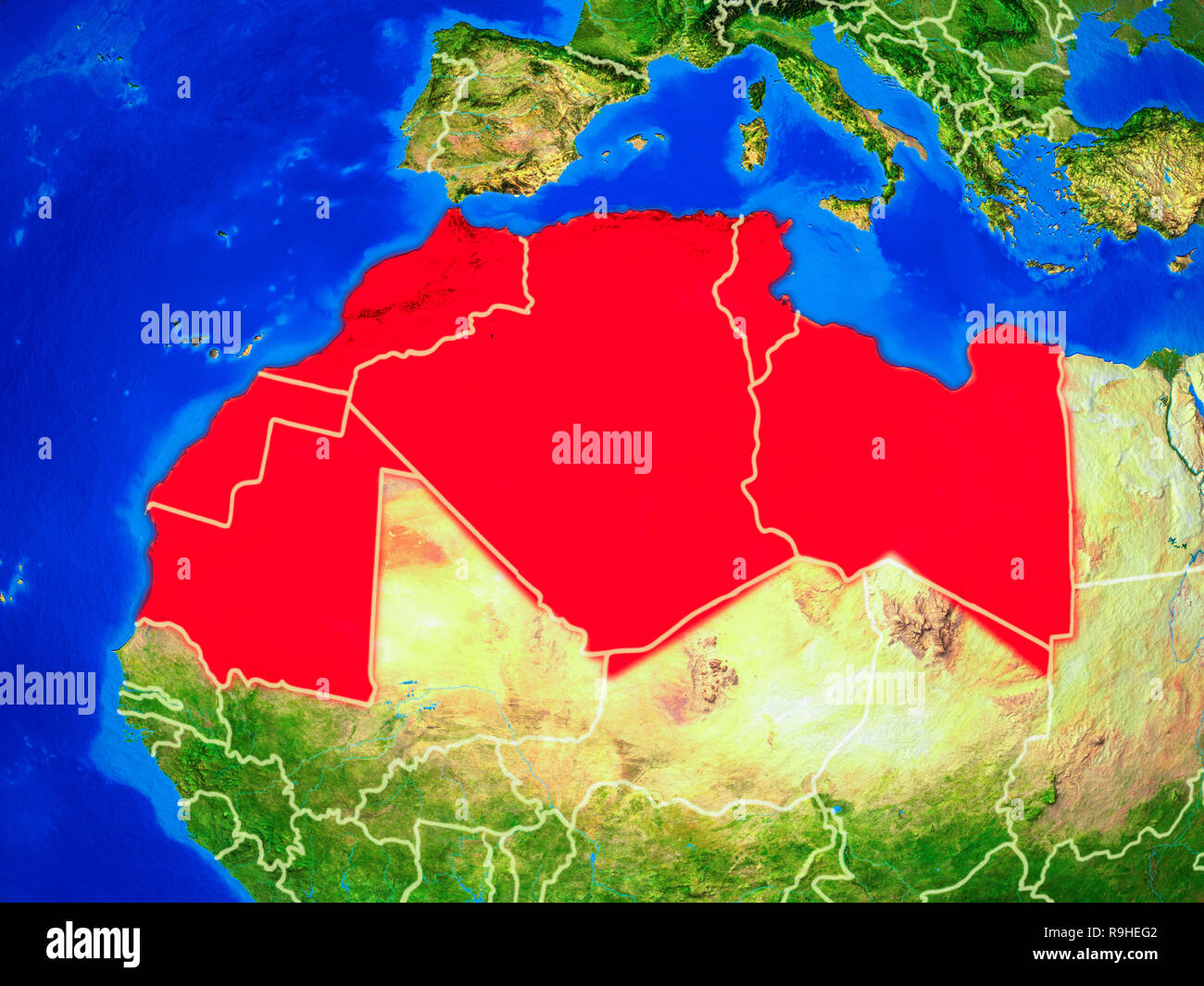 Regione del Maghreb dallo spazio sul modello del pianeta Terra con i confini e molto dettagliata della superficie pianeta. 3D'illustrazione. Gli elementi di questa immagine furn Foto Stock