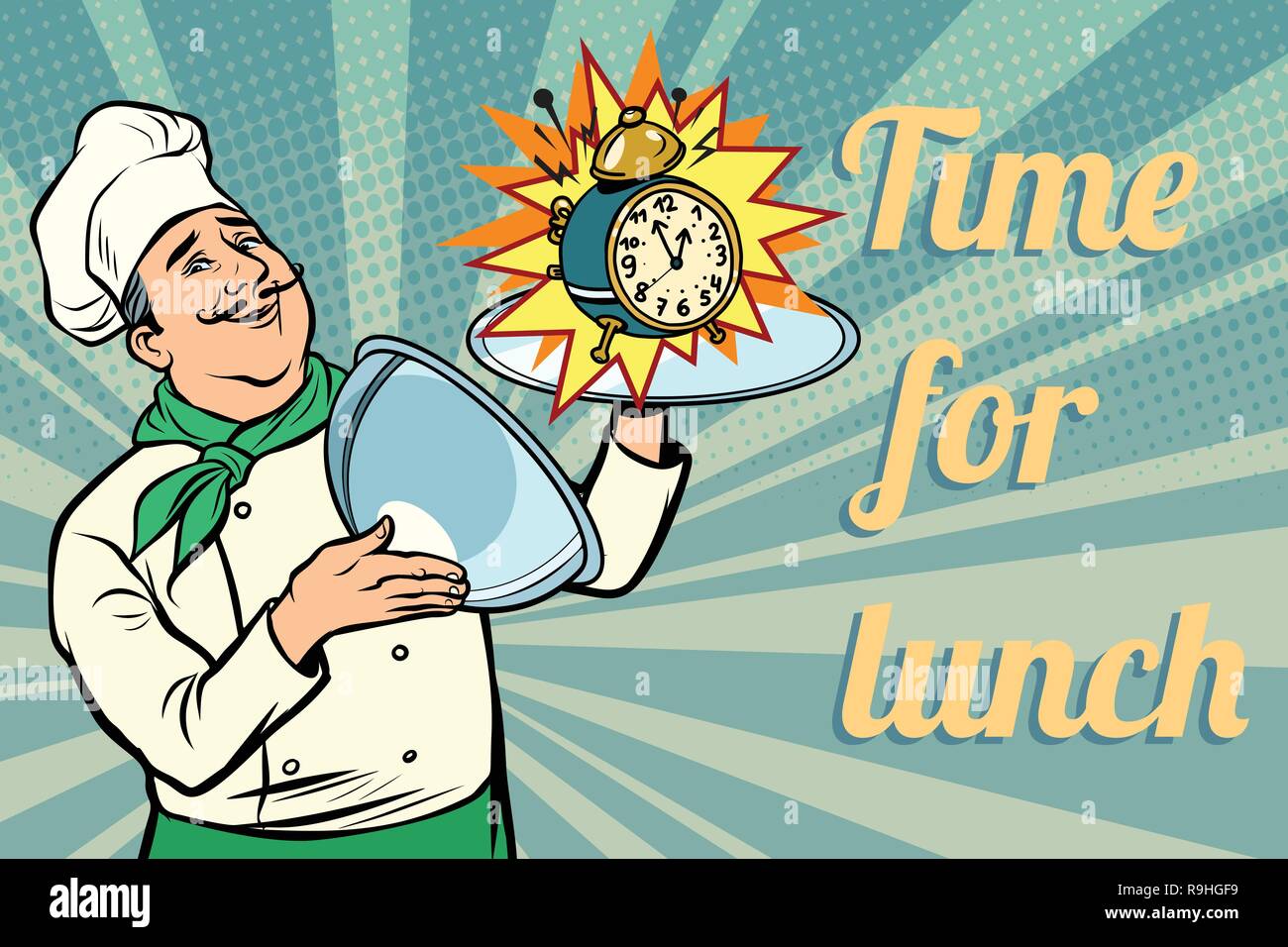 Orologio. l'ora di pranzo. chef con vassoio con coperchio Illustrazione Vettoriale