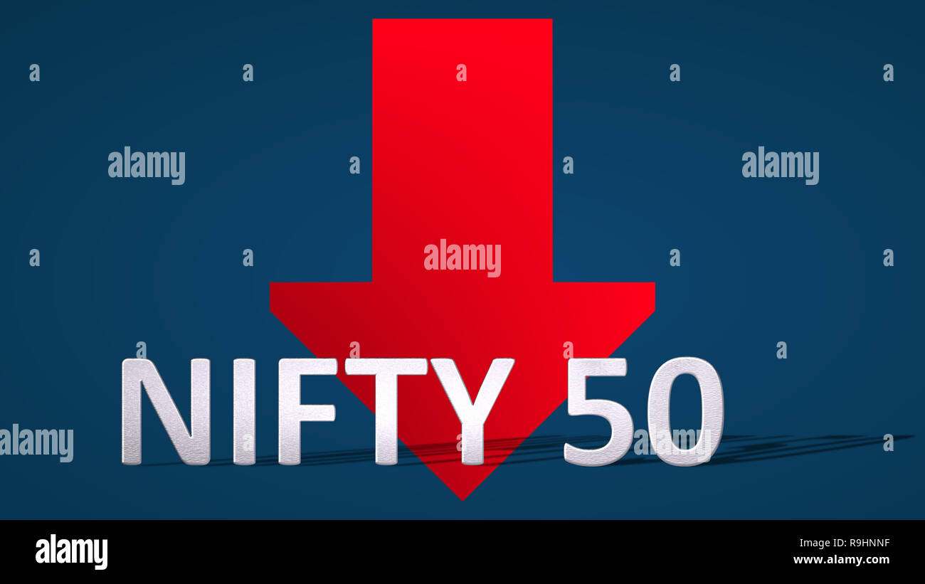 L'indice del mercato azionario NIFTY 50, Borsa Nazionale dell'India, è caduta. Una freccia rossa dietro il NIFTY 50 etichetta su uno sfondo blu mostra... Foto Stock