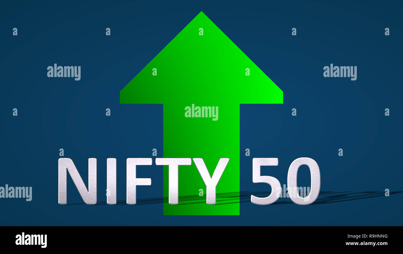L'indice del mercato azionario NIFTY 50, Borsa Nazionale dell'India, sta in alto. Una freccia verde dietro il NIFTY 50 etichetta su sfondo blu è... Foto Stock