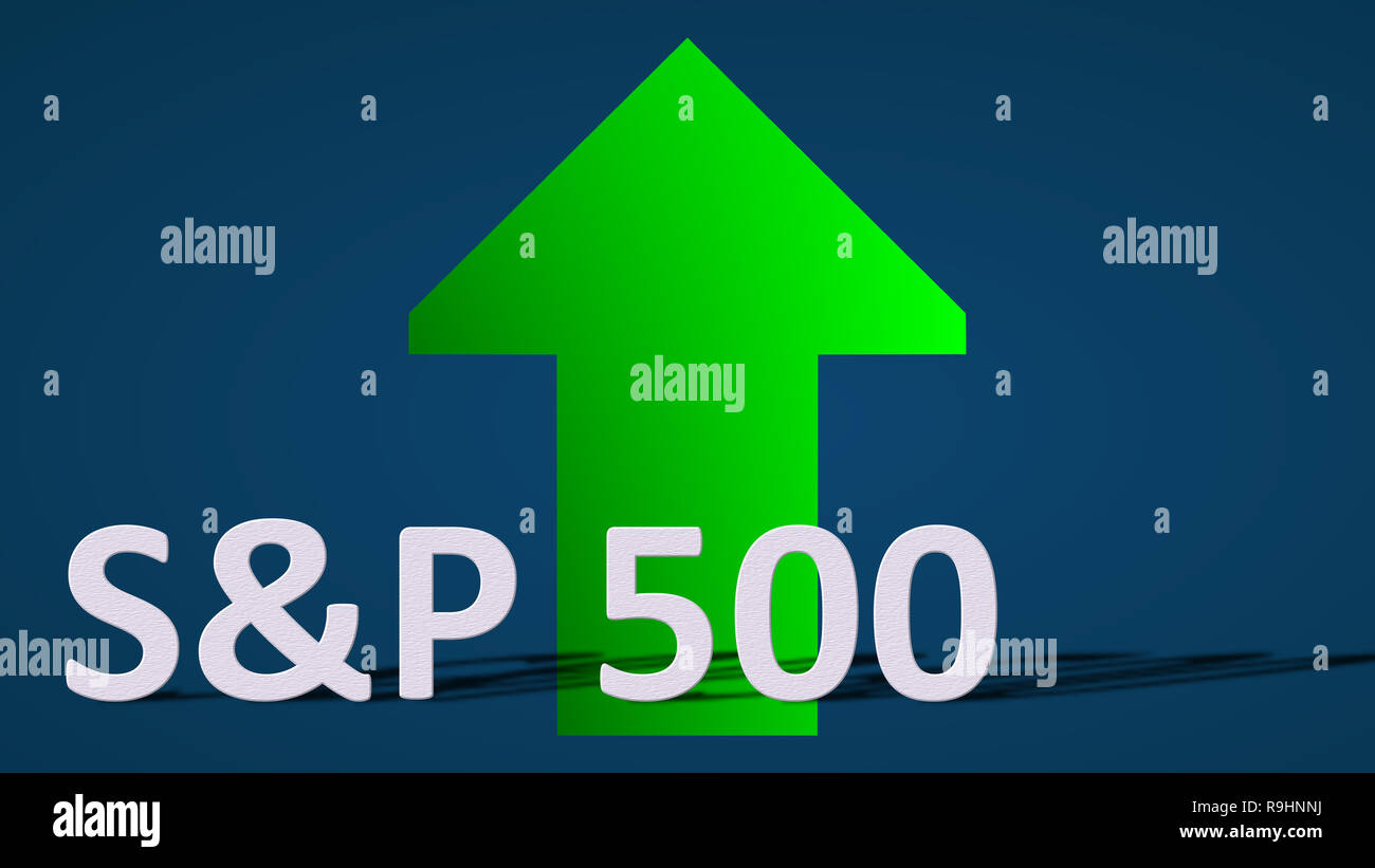 La borsa americana mercato indice S&P 500. Una freccia verde dietro di S&P  500 etichetta è che mostra verso l'alto su uno sfondo blu e simboleggia la  Foto stock - Alamy