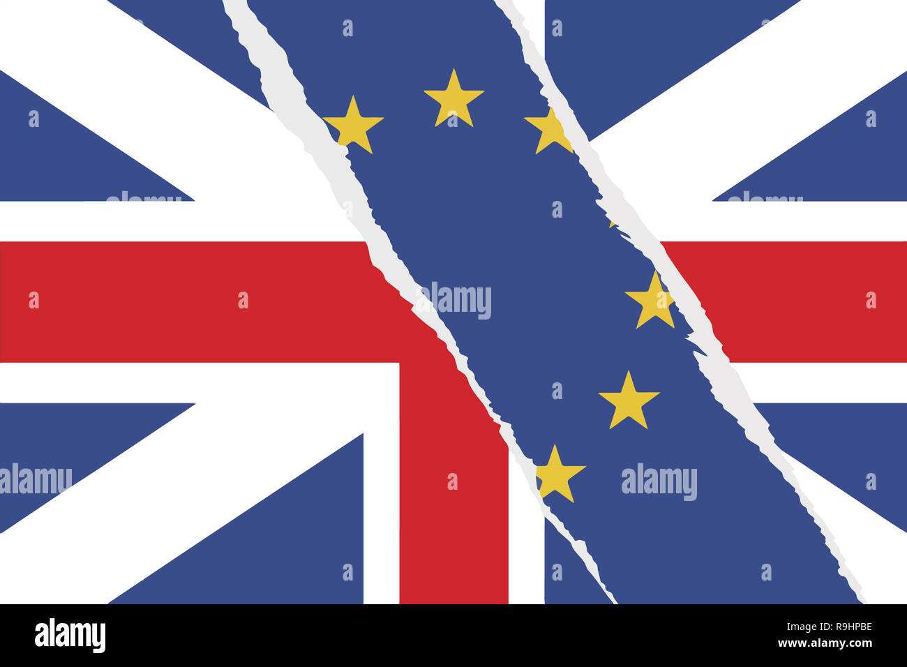 Brexit illustrazione che mostra strappate le bandiere del Regno Unito e Unione europea Foto Stock