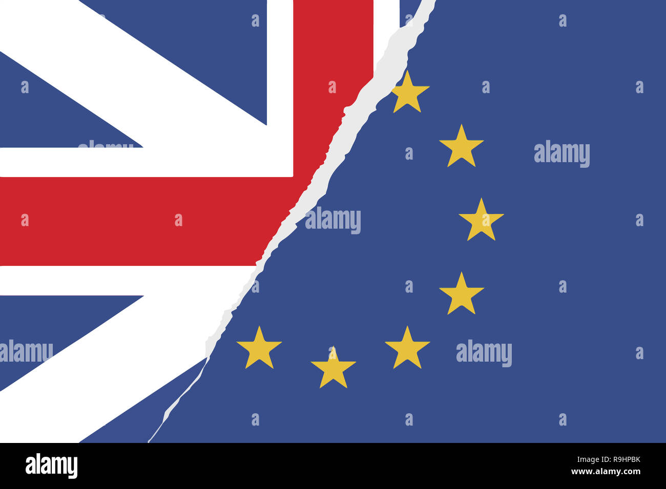 Brexit illustrazione che mostra strappate le bandiere del Regno Unito e Unione europea Foto Stock