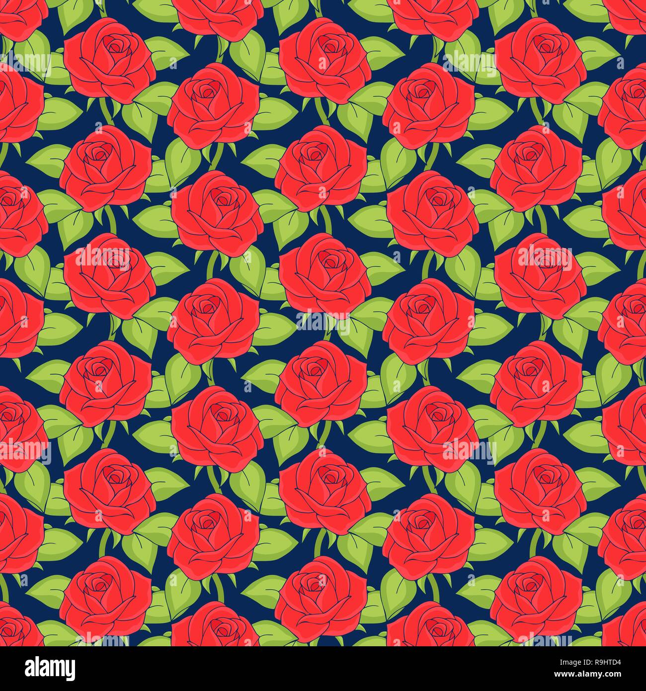 Rose rosse seamless pattern, del disegno a mano, illustrazione vettoriale. Disegnate boccioli di fiori con petali e foglie verdi su sfondo blu scuro. Per desi tessuto Illustrazione Vettoriale