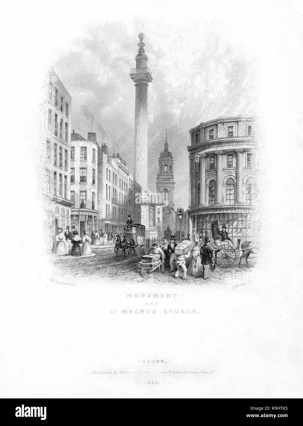 Incisione del monumento costruito per commemorare il Grande Incendio di Londra e a celebrare la ricostruzione della città. Foto Stock