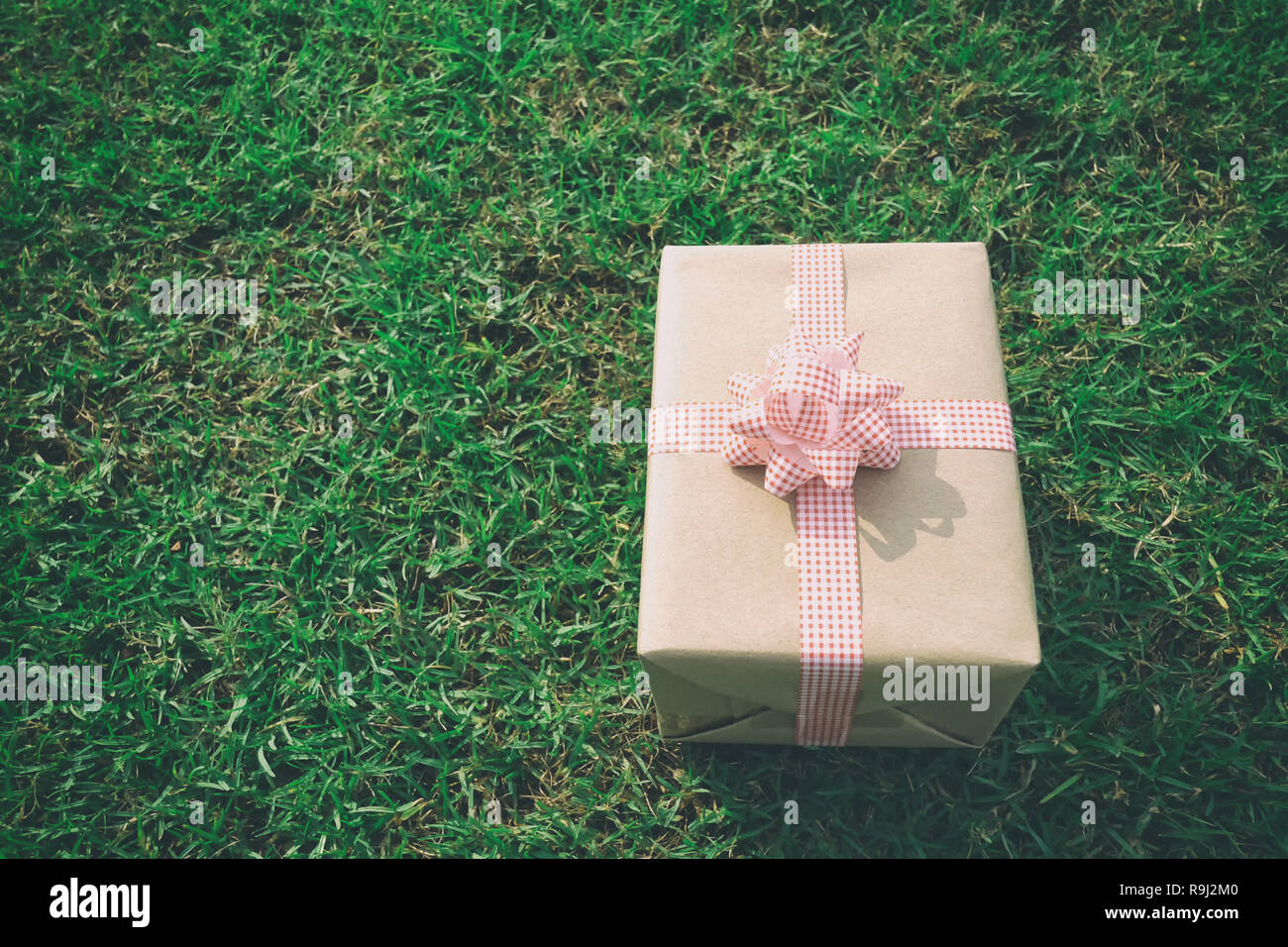 Brown box Regalo sul prato verde per il Natale e il nuovo anno, il giorno di san valentino o anniversario di giorno e di avere uno spazio di copia per il design nel suo concetto di lavoro. Foto Stock