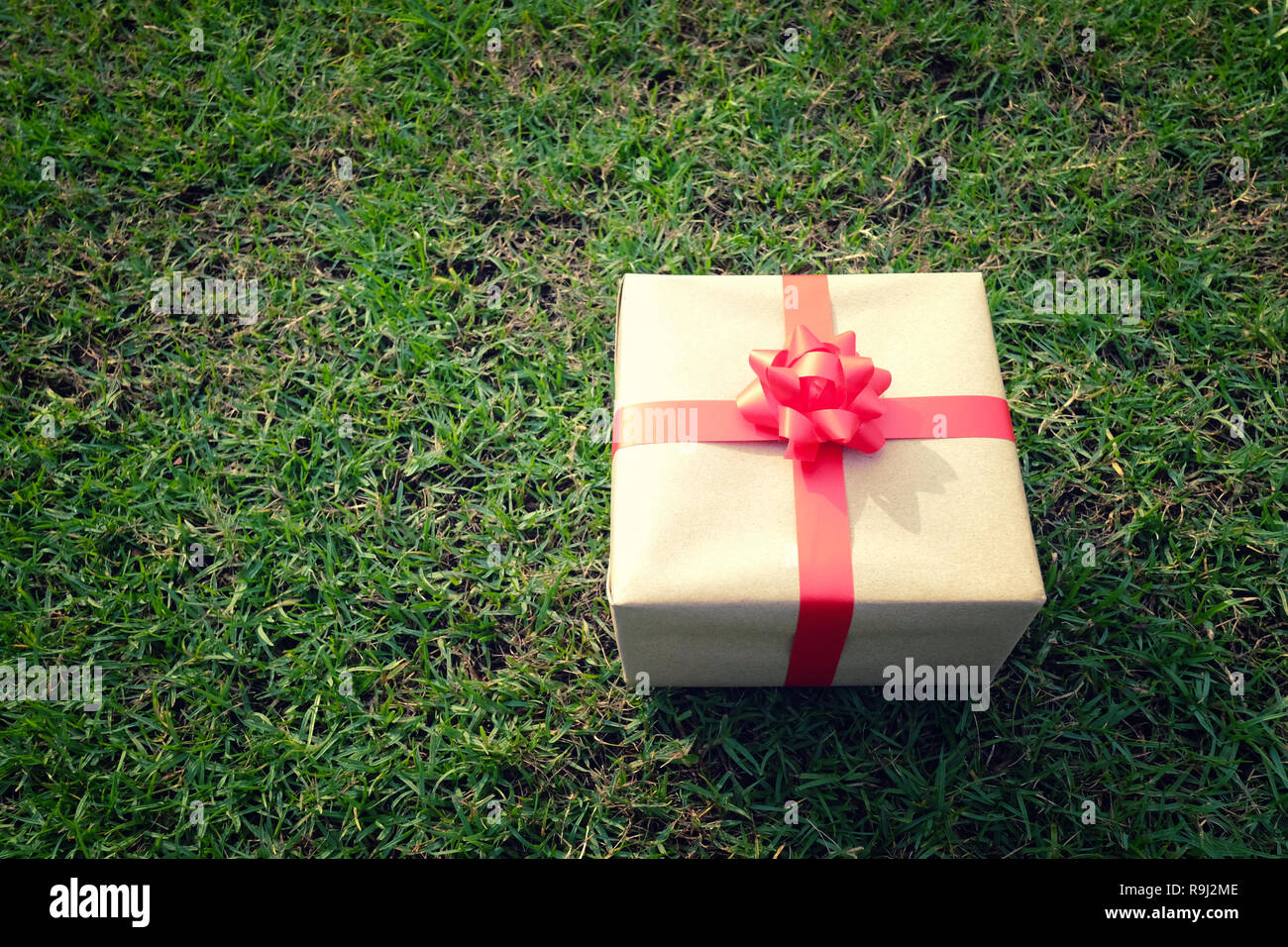 Brown box Regalo sul prato verde per il Natale e il nuovo anno, il giorno di san valentino o anniversario di giorno e di avere uno spazio di copia per il design nel suo concetto di lavoro. Foto Stock