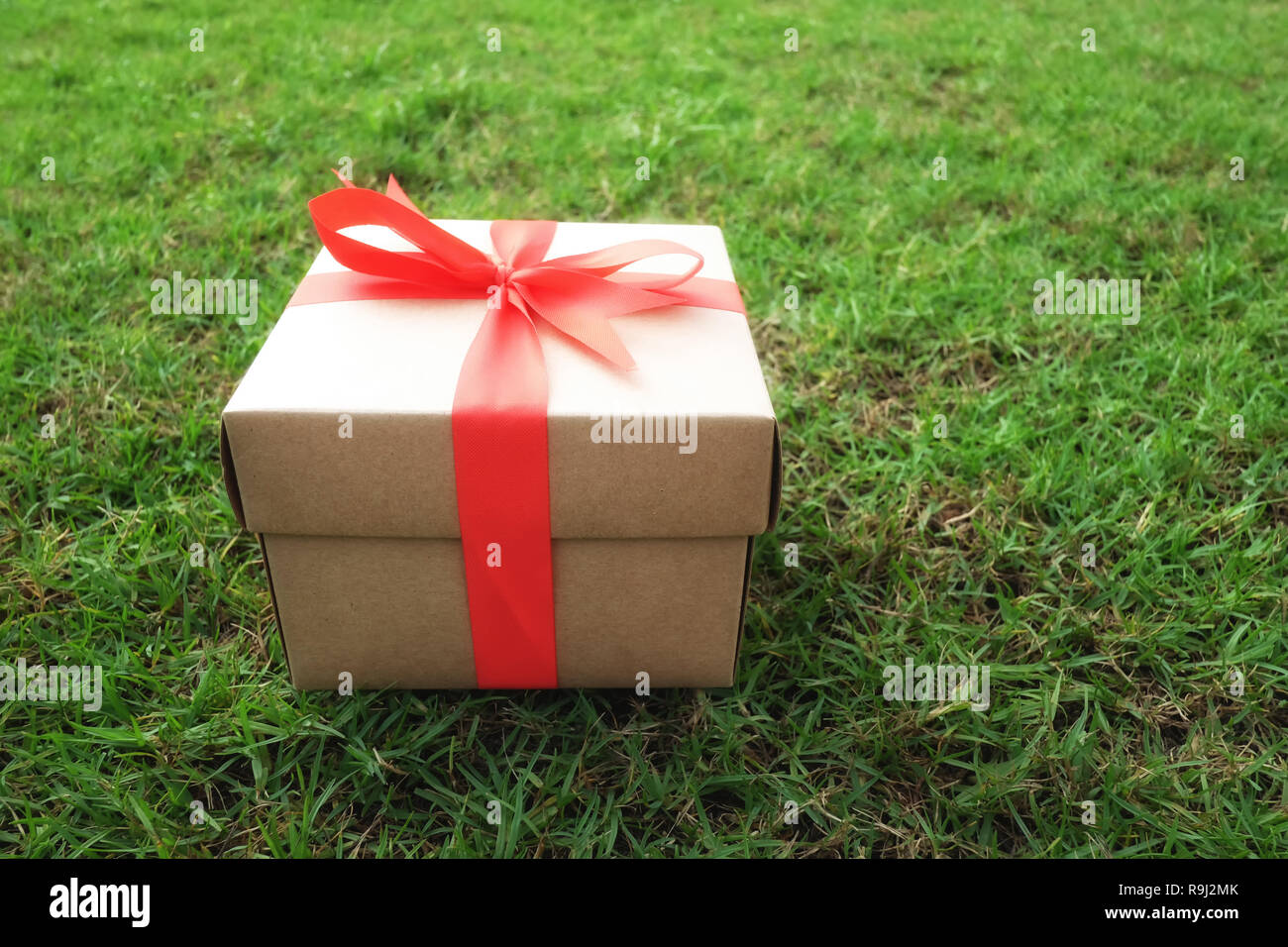 Brown box Regalo sul prato verde per il Natale e il nuovo anno, il giorno di san valentino o anniversario di giorno e di avere uno spazio di copia per il design nel suo concetto di lavoro. Foto Stock