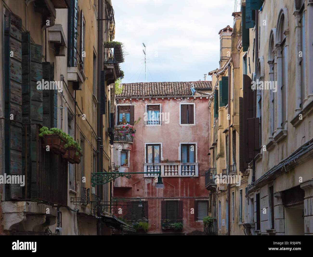 Venezia, Italia, Nov 1° 2018: architettura rinascimentale closeup prospettiva esterna o facciata vista sulla calle veneziana o giardino interno. Nessuno Foto Stock