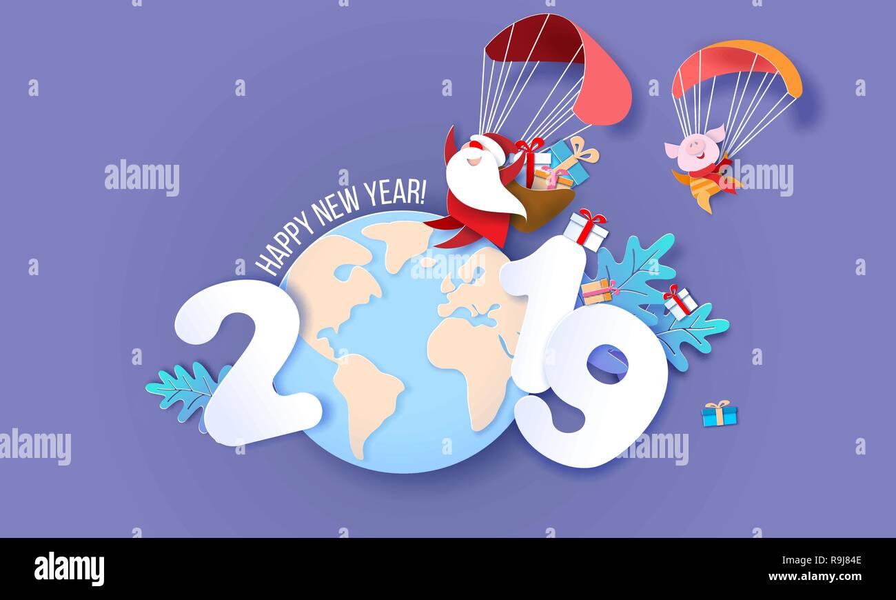 Nuovo anno design card. Santa Claus e divertente Flying Pig con paracadute sopra terra globo su sfondo blu. Vettore di arte di carta illustrazione per la promozione dei banners, intestazioni, poster, adesivi Illustrazione Vettoriale