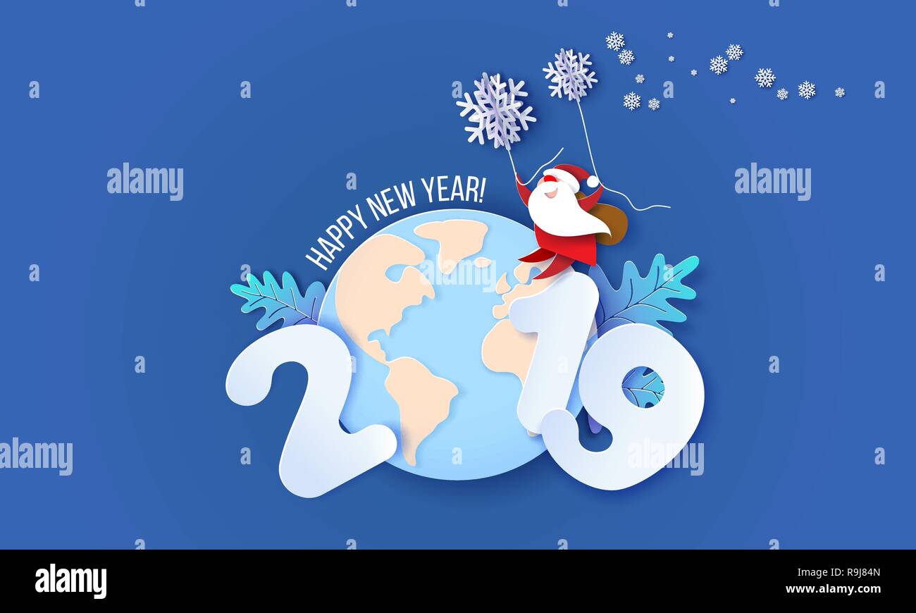 Nuovo anno design card. Santa Claus e divertente il maiale volare con i fiocchi di neve oltre il pianeta Terra su sfondo blu. Vettore di arte di carta illustrazione per la promozione dei banners, intestazioni, poster, adesivi Illustrazione Vettoriale