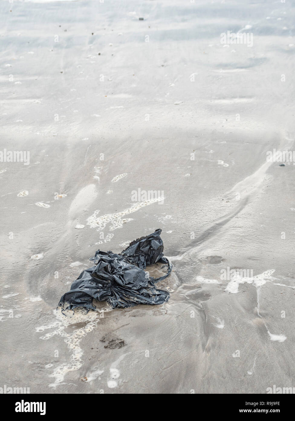 Plastica nero bin liner lavato fino a riva & costiera di inquinanti. Metafora plastica inquinamento, inquinamento ambientale, guerra di plastica Rifiuti in plastica Foto Stock