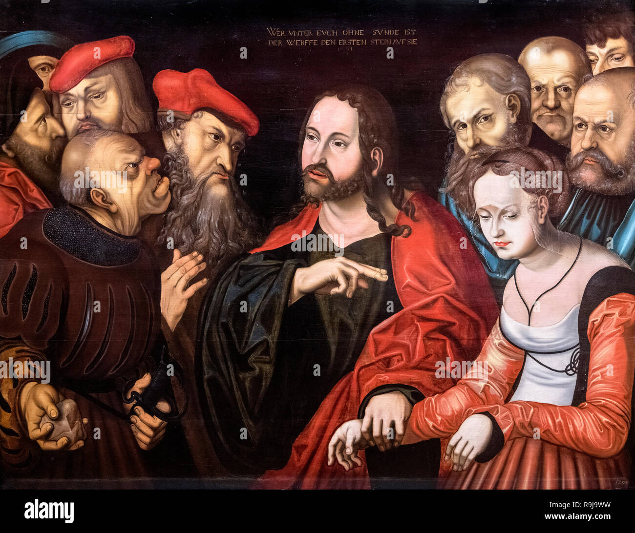 Cristo e la donna presa in adulterio da seguace di Lucas Cranach il Vecchio (1472-1553), olio su legno, 1531 Foto Stock