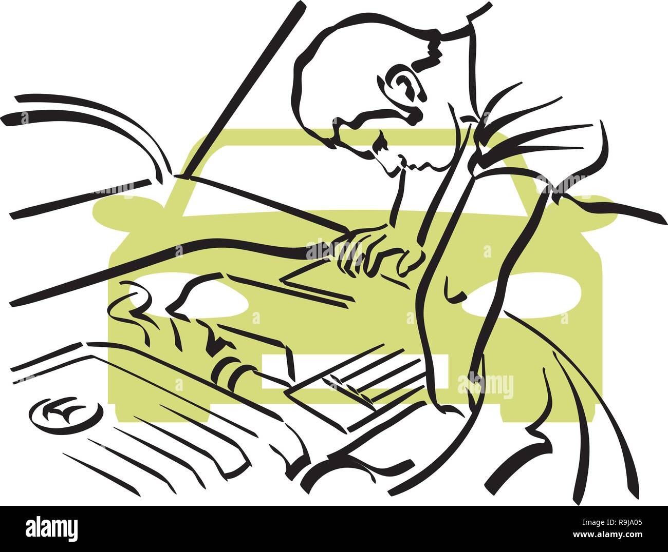 Illustrazione di un meccanico al lavoro in una riparazione auto shop Illustrazione Vettoriale