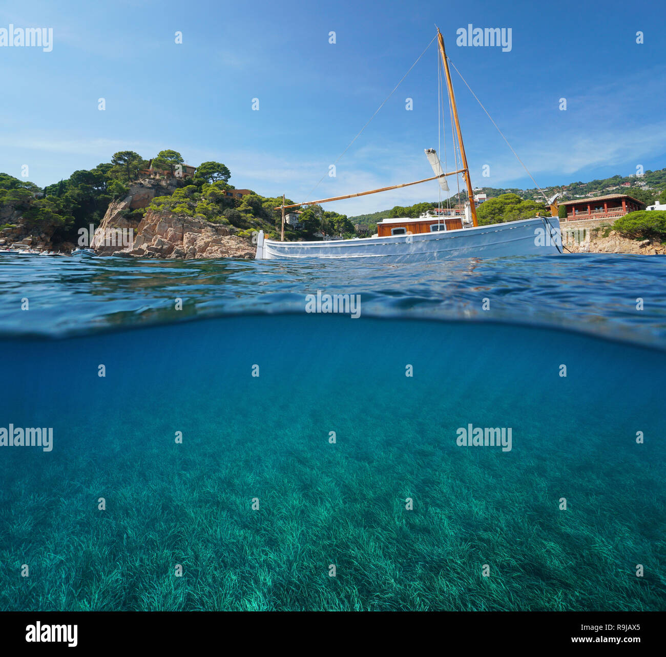 Spagna tipica imbarcazione da diporto e Posidonia praterie sottomarine, Fornells de Mar, vista suddivisa per metà al di sopra e al di sotto della superficie del mare, Begur, Catalonia, Cos Foto Stock