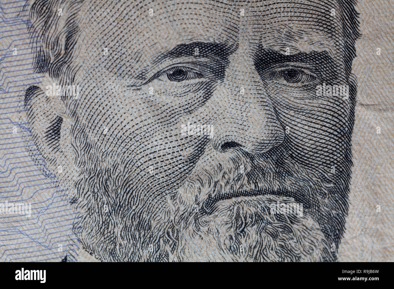 Ulisse Grant occhi macro usa cinquanta dollari banconota o bill. Foto Stock
