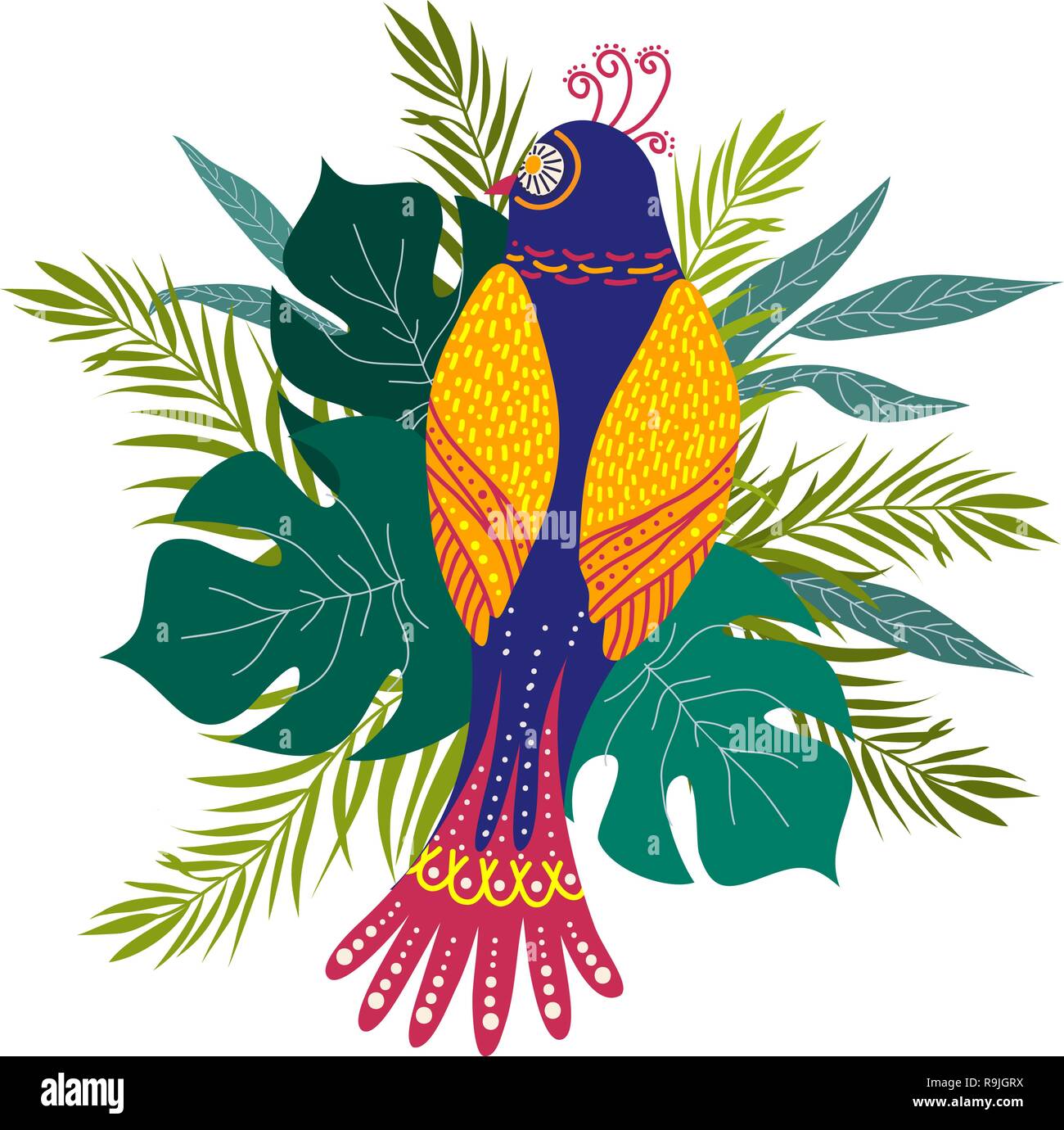 Isolato disegnare a mano di uccelli esotici e foglie tropicali su uno sfondo bianco. Stile alla moda. Illustrazione Vettoriale Illustrazione Vettoriale
