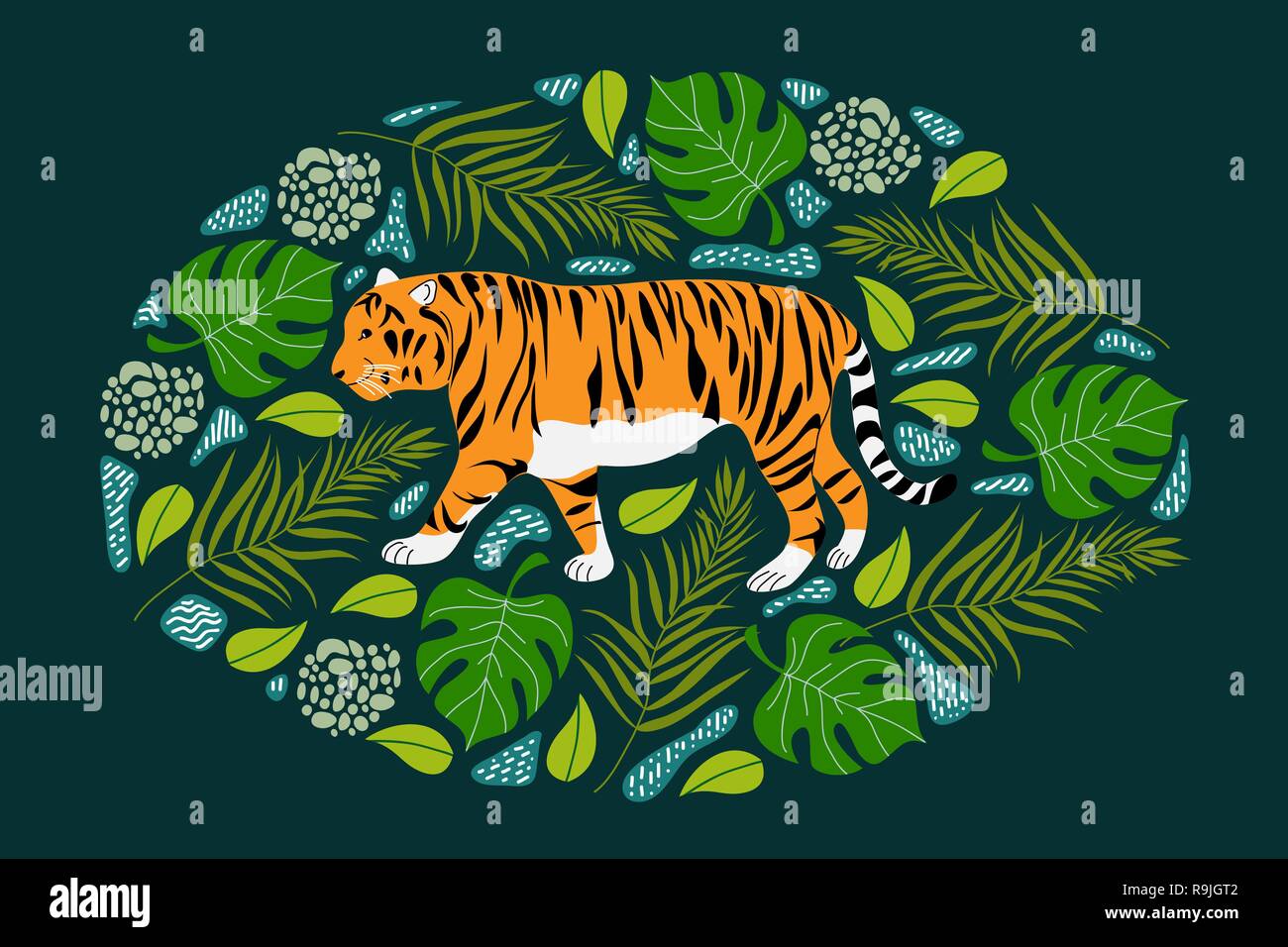 Disegnare a mano le tigri e foglie tropicali. Stile alla moda. Illustrazione Vettoriale Illustrazione Vettoriale