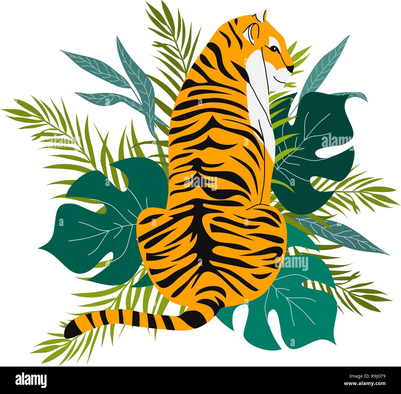 Isolato disegnare a mano le tigri e foglie tropicali su uno sfondo bianco. Stile alla moda. Illustrazione Vettoriale Illustrazione Vettoriale