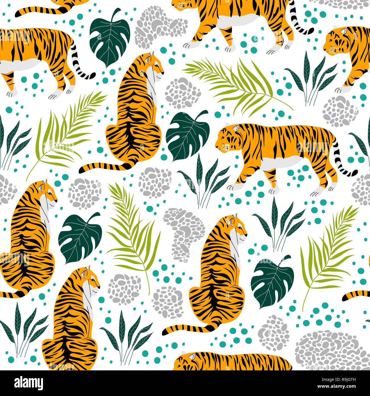 Modello senza soluzione di continuità con le tigri e foglie tropicali su uno sfondo bianco. Stile alla moda. Illustrazione Vettoriale Illustrazione Vettoriale