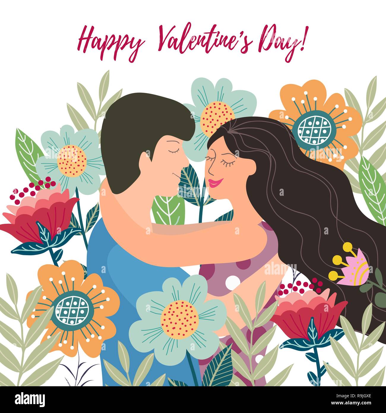 Felice il giorno di San Valentino. Matura in amore tra fiori luminosi. Elemento di design per la carta, poster, striscioni, flyer e altro uso. Illustrazione Vettoriale Illustrazione Vettoriale