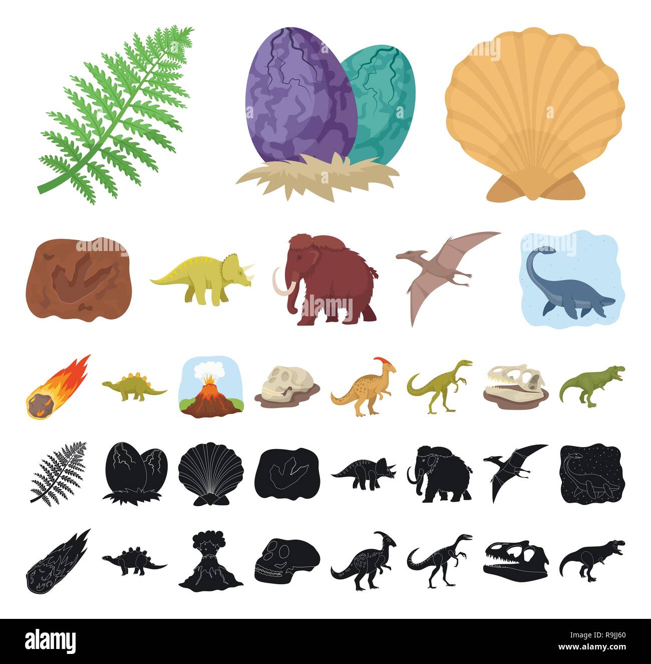 L'età,animale,antichità,l'arte,cartoon,Black,raccolta,design,dinosauro,dinosauri,l'uovo,eruzione,l'estinto,fiamma,footprint,fossili,gallimimus,erbivoro,uomo,icona,immagine,isolato,jurassic,logo,mammifero,mammoth,meteorite,parasaurolophus,periodo,impianto,preistoria,pterodactyloidea,rimane,rock,mare,seashell,impostare,segno,stegosaurus,pietra,il simbolo,triceratops,tirannosauro,vettore,vulcano,web vettori vettore , Illustrazione Vettoriale