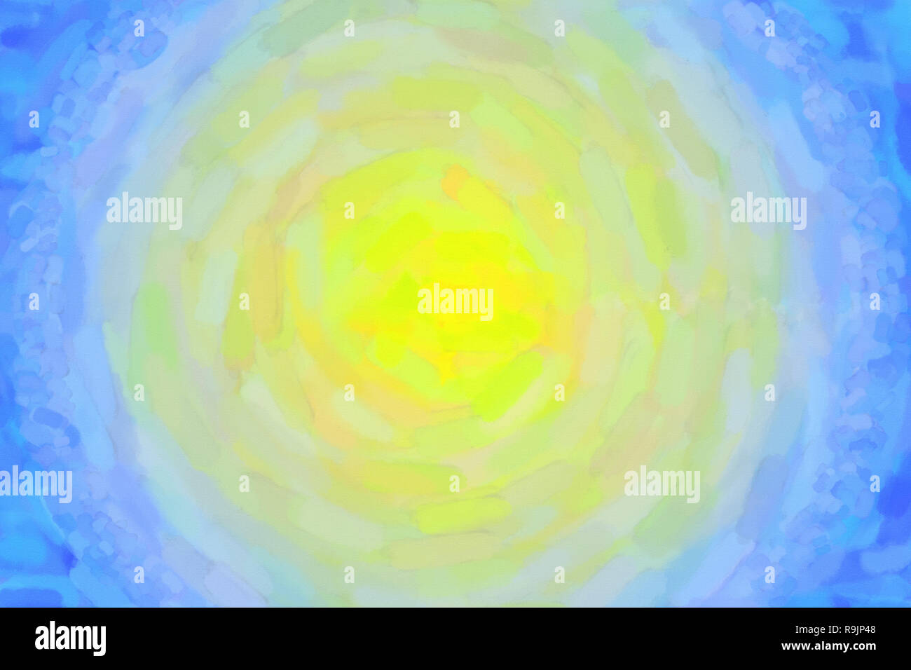 Giallo blu acquerello circolare gradiente dello sfondo. Colorata illustrazione digitale simulazione vera acquerello con trama della carta. Foto Stock