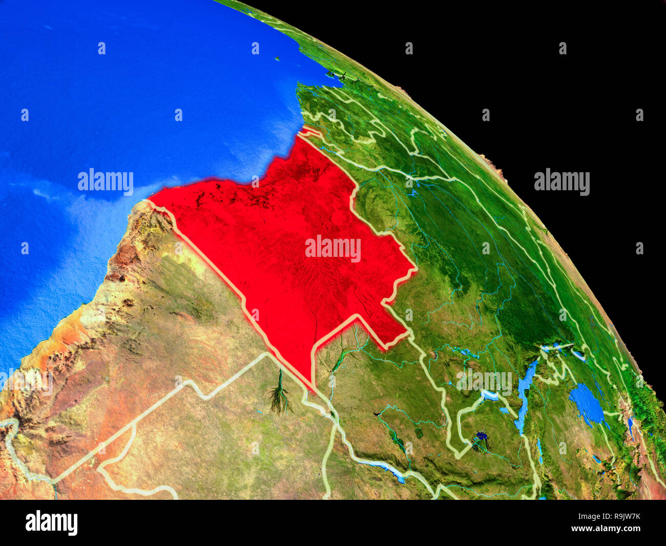 Angola sul pianeta Terra dallo spazio con i confini. Molto bene i dettagli del pianeta superficie. 3D'illustrazione. Gli elementi di questa immagine fornita dalla NASA. Foto Stock