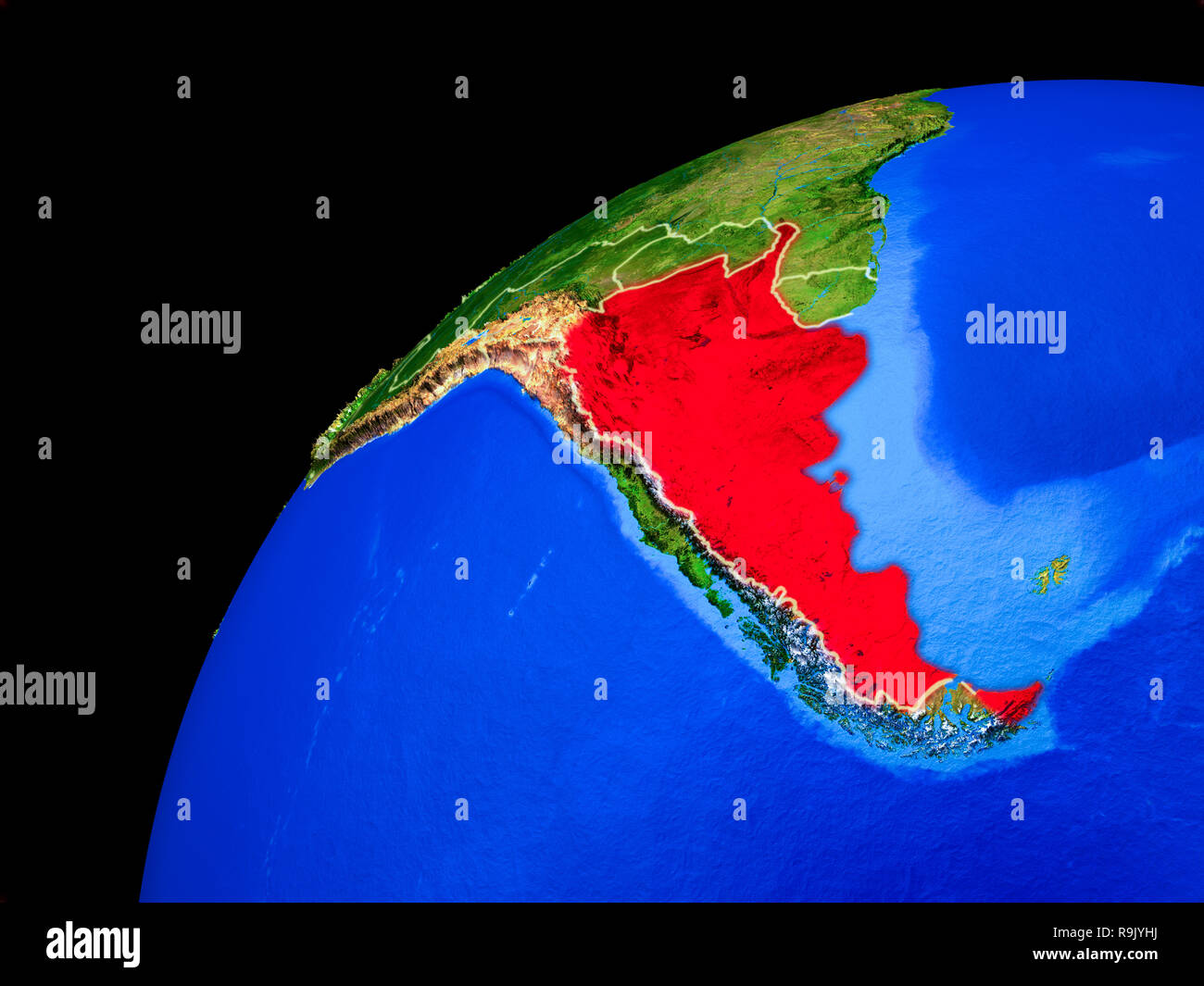 Argentina dallo spazio. Il pianeta terra con i confini del paese ed estremamente elevato dettaglio del pianeta superficie. 3D'illustrazione. Gli elementi di questa immagine arredate Foto Stock