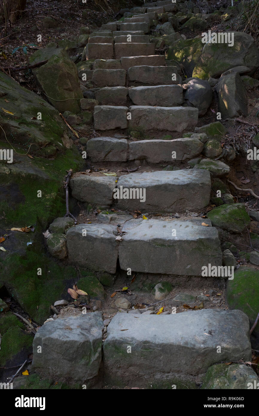 In pietra vecchia scalinata fatta a mano su per la montagna Foto Stock