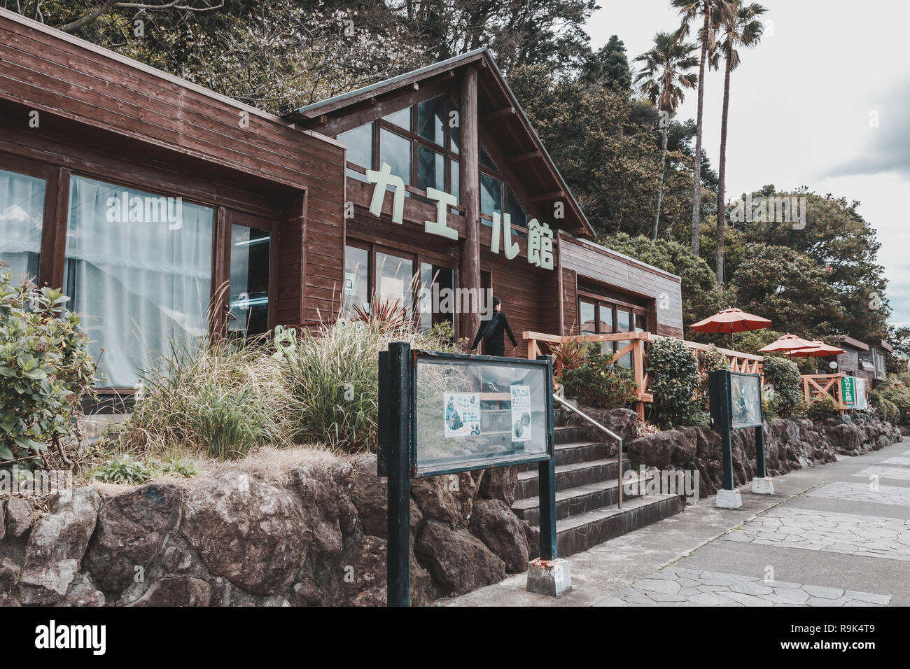 Museo di rana in Awashima Marine Park su Awashima isola nella baia di Uchiura. Il segno giapponese dire Rana "casa". Foto Stock