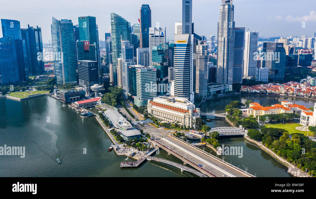 CBD Central Business District, Merlion, Fullerton Hotel, Marina Bay waterfront, Singapore Foto Stock