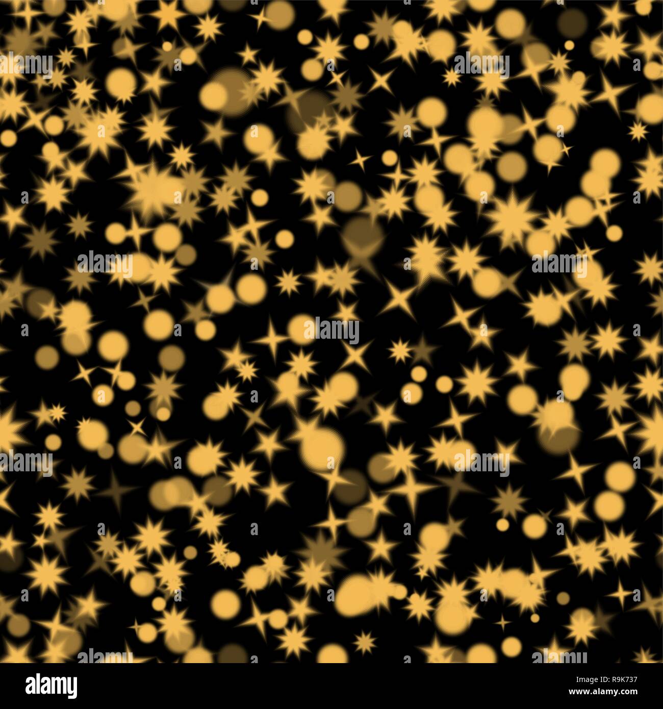 Modello senza giunture dal Golden Star moduli su uno sfondo nero. Texture brillanti di caoticamente sparsi in particelle. Illustrazione Vettoriale. Illustrazione Vettoriale