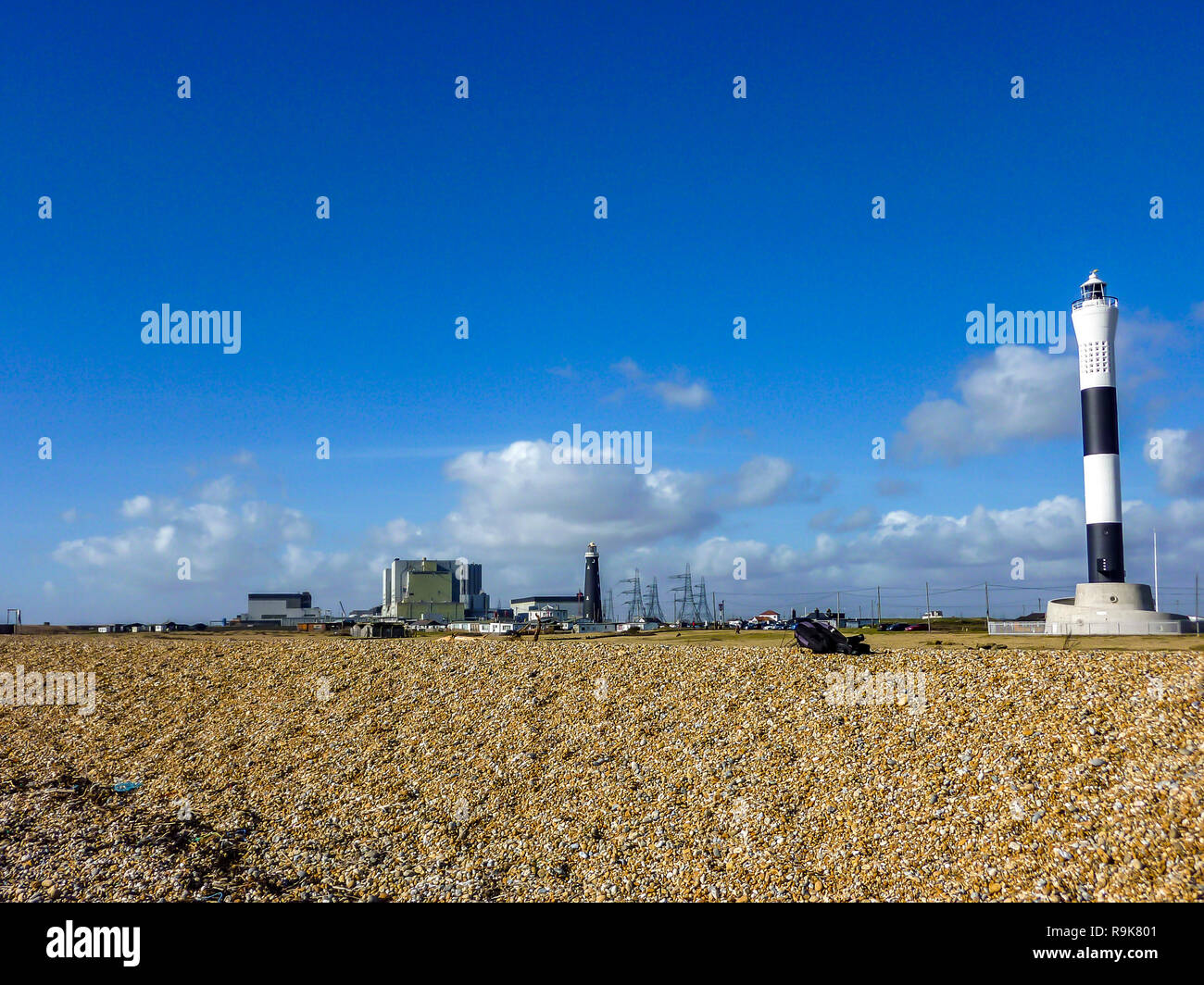 Dungeness faro e alla centrale nucleare - Inghilterra. Foto Stock