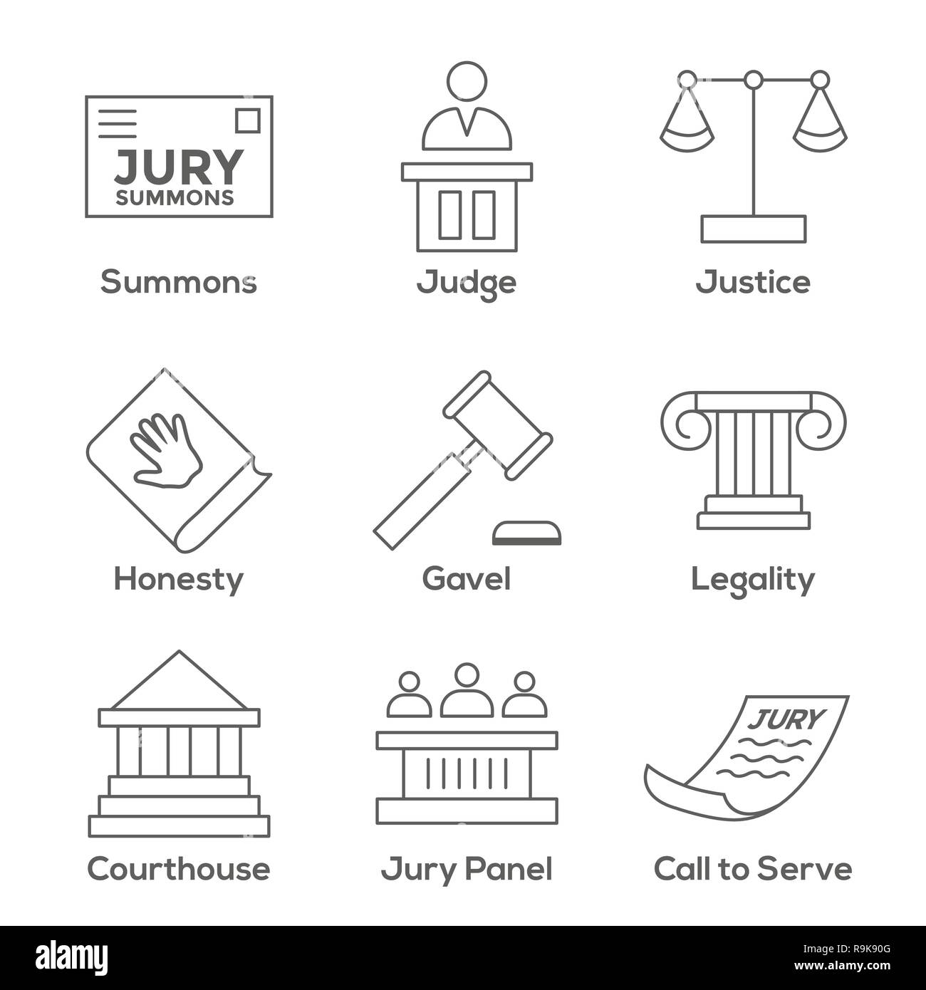 Legge & Legal Icon Set di giudice, giuria e icone giudiziaria Illustrazione Vettoriale