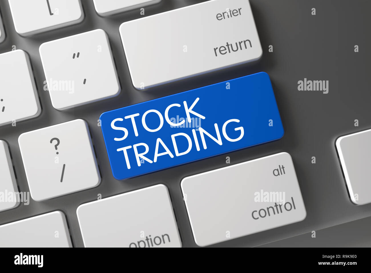 Concetto di stock trading, con stock trading su Blu tasto Invio sulla sottile tastiera in alluminio. 3D Render. Foto Stock