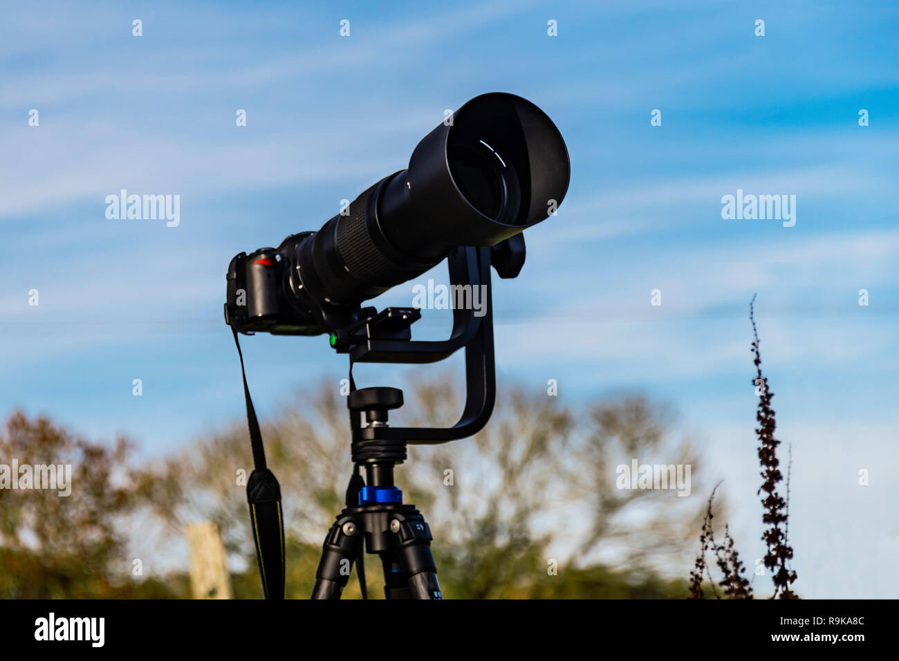 La fotocamera sul cavalletto pronti a sparare il timelapse, panorama, fauna, paesaggio. Foto Stock