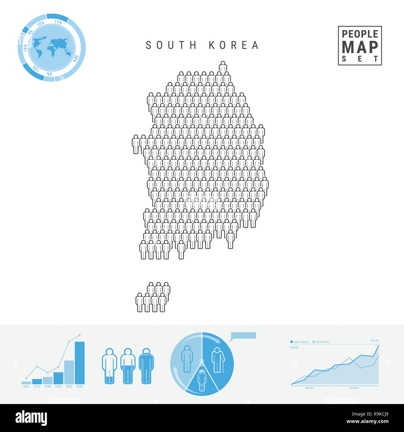 Corea del Sud Persone Mappa Icona. Le persone si affollano nella forma di una mappa di Corea del Sud. Silhouette stilizzata della Corea del Sud. Tasso di crescita e di invecchiamento della popolazione Infogr Foto Stock