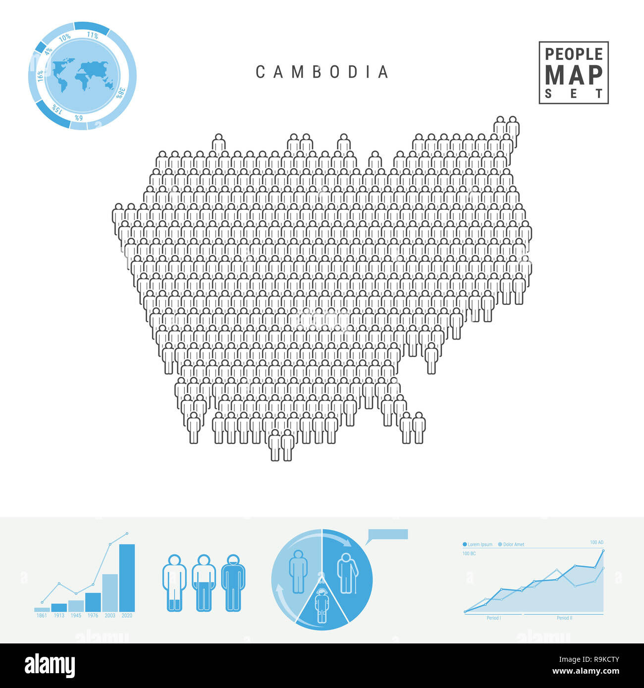 Cambogia icona Persone Mappa. Le persone si affollano nella forma di una Mappa di Cambogia. Silhouette stilizzata del Camerun. Tasso di crescita e di invecchiamento della popolazione ed infografico Ele Foto Stock