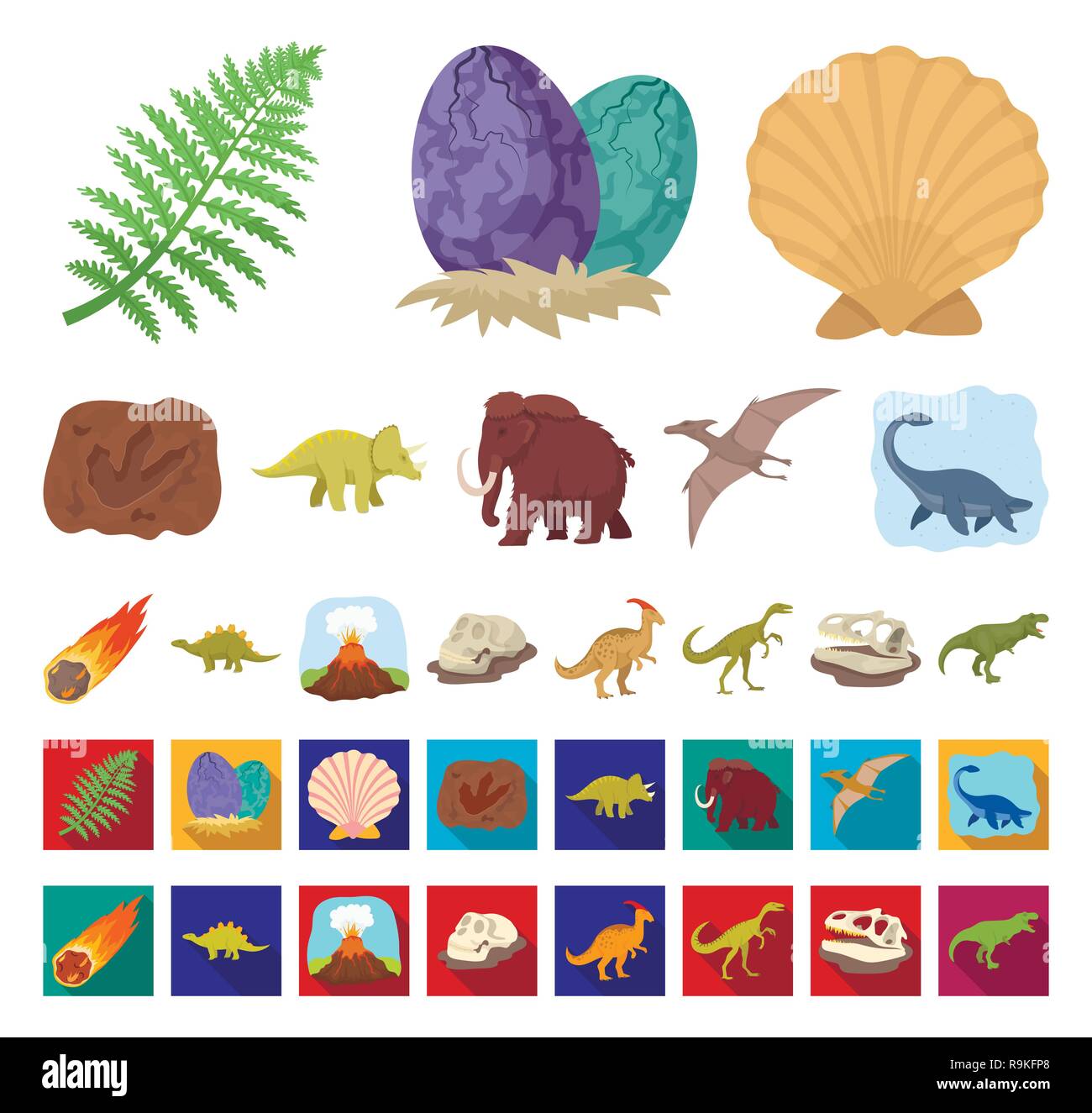 L'età,animale,antichità,l'arte,cartoon,appartamento,raccolta,design,dinosauro,dinosauri,l'uovo,eruzione,l'estinto,fiamma,footprint,fossili,gallimimus,erbivoro,uomo,icona,immagine,isolato,jurassic,logo,mammifero,mammoth,meteorite,parasaurolophus,periodo,impianto,preistoria,pterodactyloidea,rimane,rock,mare,seashell,impostare,segno,stegosaurus,pietra,il simbolo,triceratops,tirannosauro,vettore,vulcano,web vettori vettore , Illustrazione Vettoriale